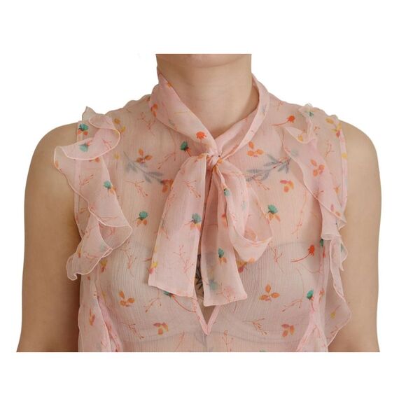 Dsquared² Pink Floral Print Silk Sleeveless Ascot Collar Women's Top (Pre-Owned) - Picture 4 of 5